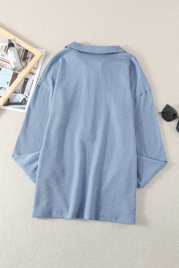 Sky Blue Button Front Turn-down Neck Knit Top