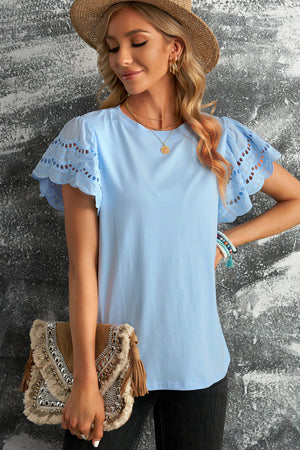 White/Black/Blue/Green Hollow Out Ruffle Sleeve T-shirt