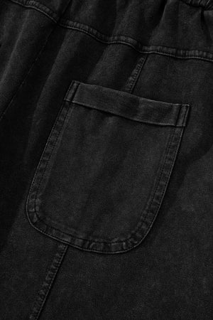 Black Mineral Wash Exposed Seam Drawstring Elastic Waistband Wide Leg Cargo Pants
