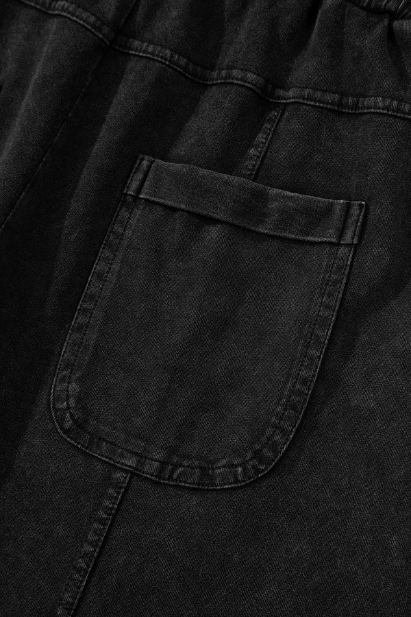 Black Mineral Wash Exposed Seam Drawstring Elastic Waistband Wide Leg Cargo Pants