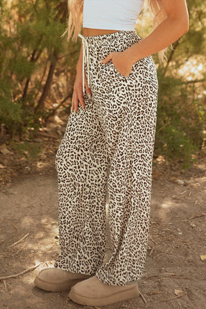 Brown Leopard Drawstring Elastic Waistband Loose Pants