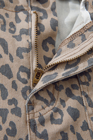 Khaki Leopard Printed Drawstring Elastic Waistband Pocketed Wide Leg Jeans