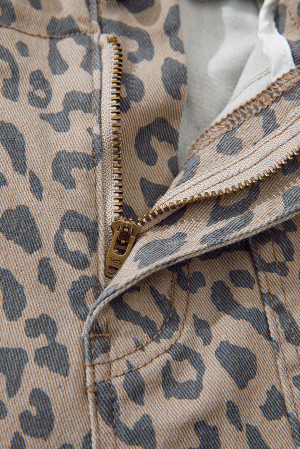 Khaki Leopard Printed Drawstring Elastic Waistband Pocketed Wide Leg Jeans