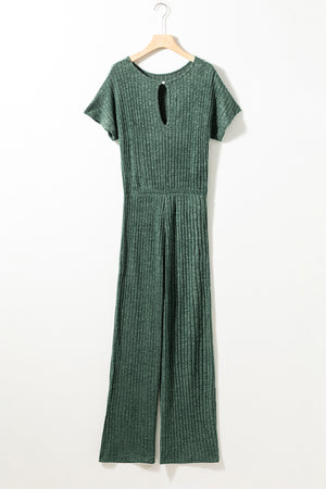 Mist Green Ribbed Keyhole Short Sleeve Wide Leg Jumpsuit
