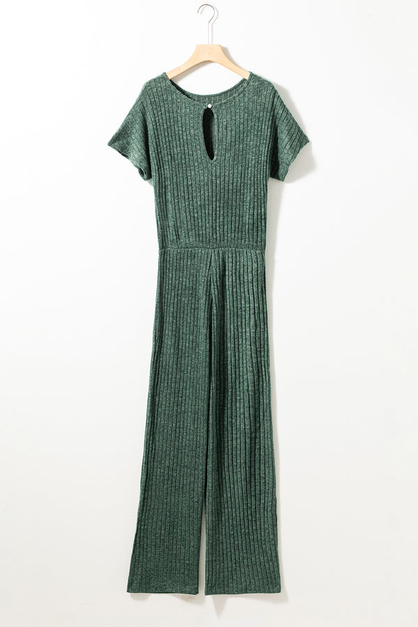 Mist Green Ribbed Keyhole Short Sleeve Wide Leg Jumpsuit