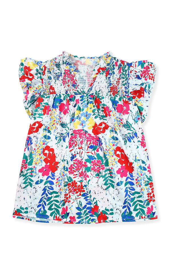Fiery Red Plus Floral Print Ruffle Cap Sleeve V Neck Blouse