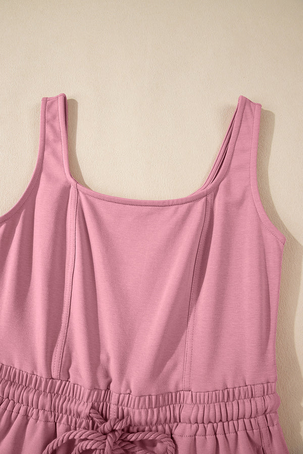 Light Pink Lace-up Elastic Waist Sleeveless Square Neck Jumpsuit