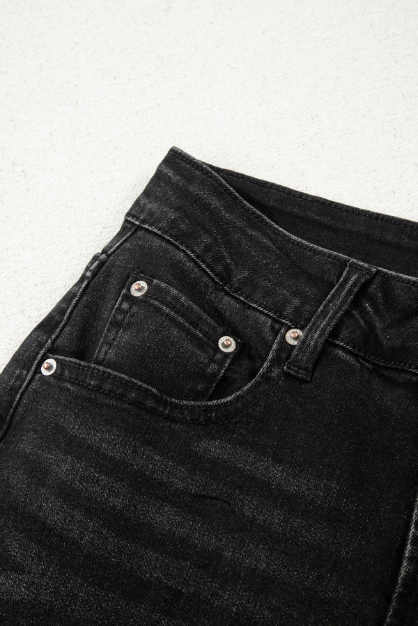 Black Raw Hem Straight Leg Loose High Waist Jeans