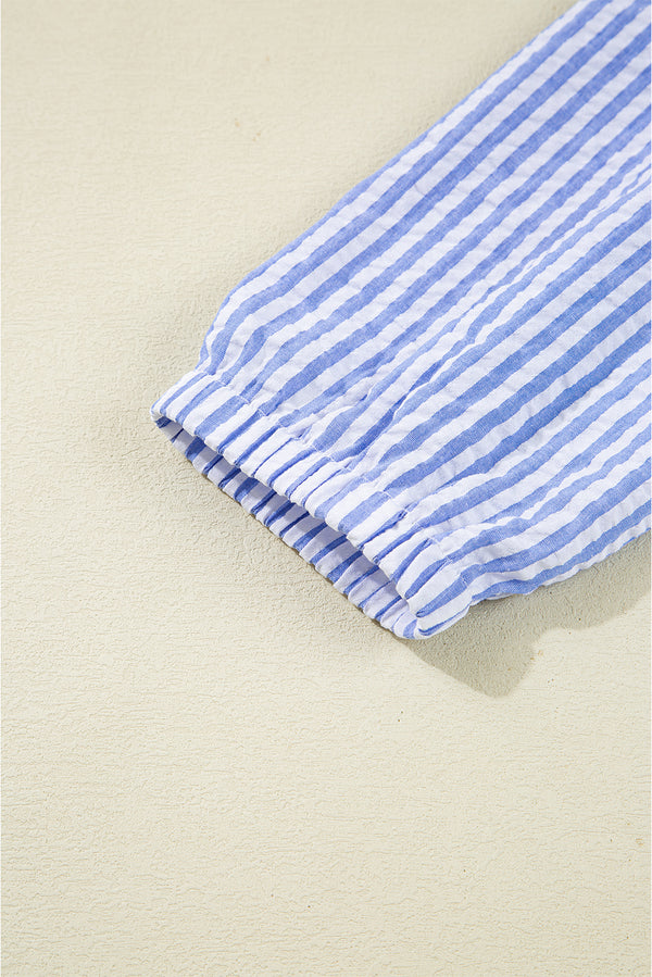 Sky Blue Stripe Bracelet Sleeve Tiered Shift Dress with Pockets
