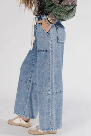 Ashleigh Blue Acid Wash Exposed Seam Drawstring Elastic Waistband Jeans