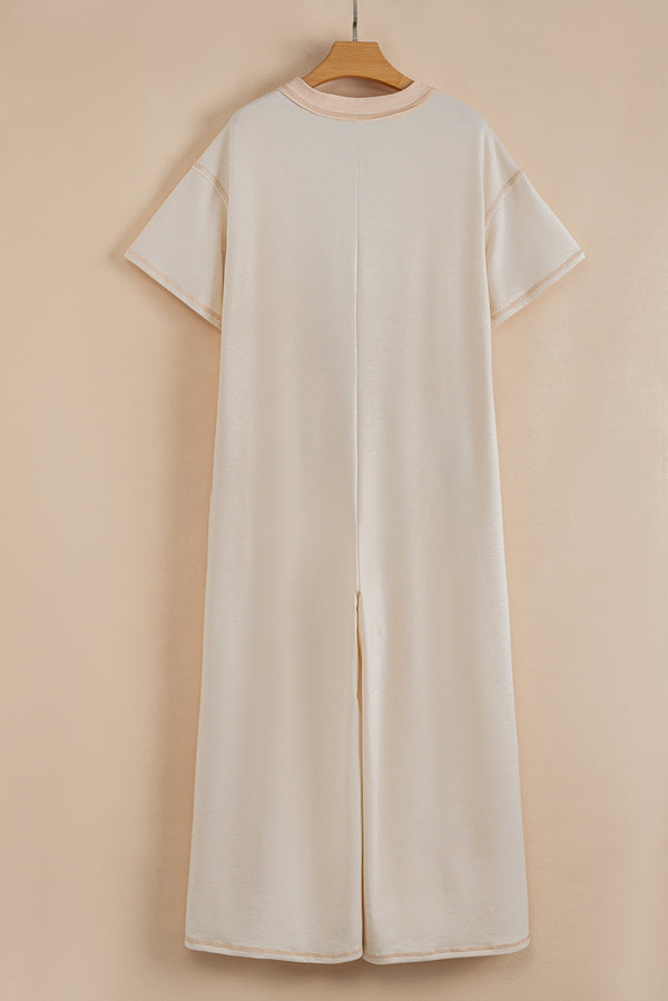 Beige Half Placket Chest Pockets Short Sleeve Wide Leg Jumpsuit