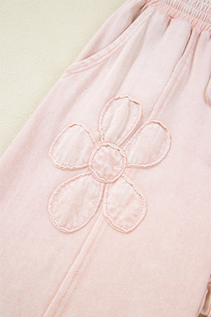 Pink Flower Patch Mineral Washed Terry Knit Cropped Wide Leg Pants