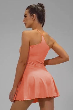 Grapefruit Orange Spaghetti Straps U Neck Pocketed Active Dress