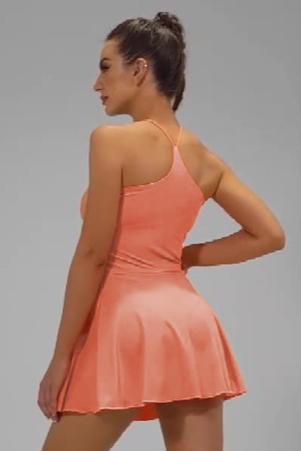 Grapefruit Orange Spaghetti Straps U Neck Pocketed Active Dress