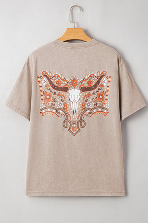 Smoke Gray Mineral Wash Floral Steer Head Printed Back Western Fashion Tee