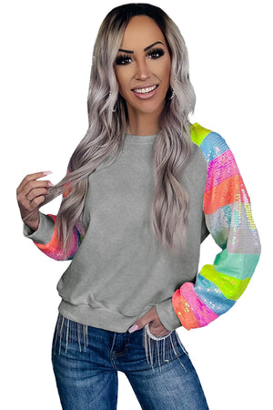 Gray Sequin Color Block Raglan Sleeve Pullover Sweatshirt