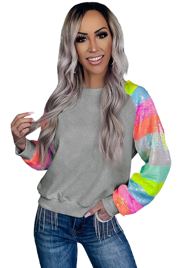 Gray Sequin Color Block Raglan Sleeve Pullover Sweatshirt