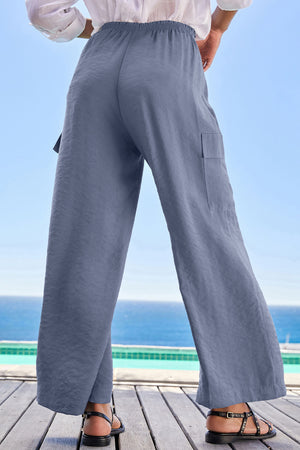 Dark Grey Drawstring Frilled Elastic Waistband Wide Leg Utility Trousers