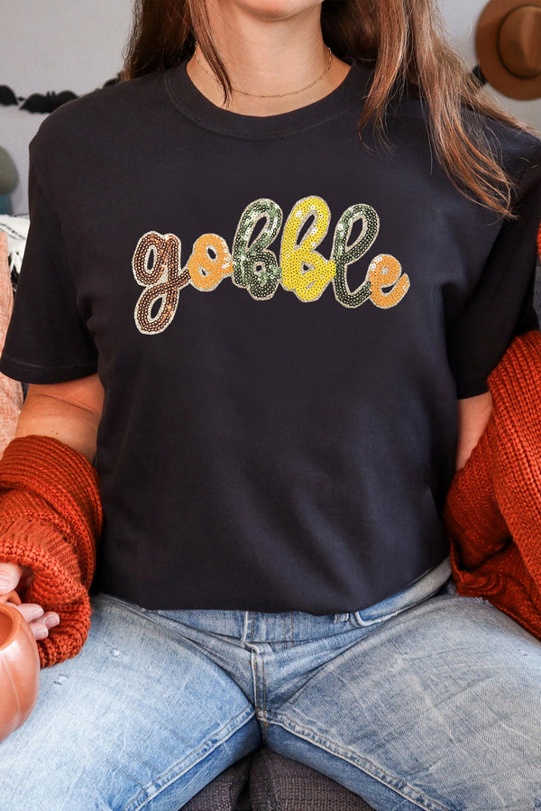 Black gobble Sequin Letter Graphic Thanksgiving T Shirt