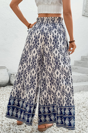 Blue Boho Pattern Print High Waist Wide Leg Loose Pants