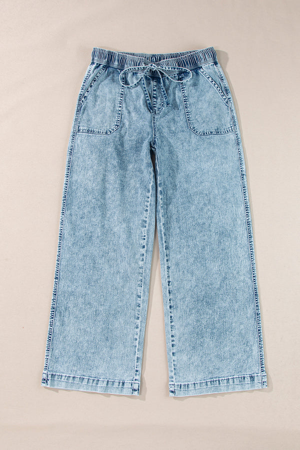 Myosotis Mineral Wash Drawstring Elastic Waistband Loose Straight Denim Pants
