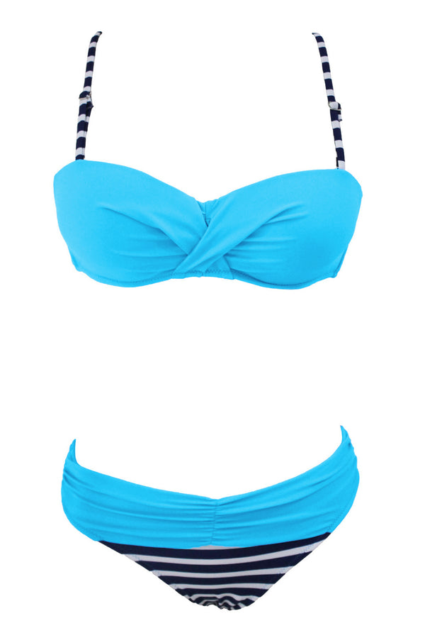 Striped Blue Padded Gather Push-up Bikini Set