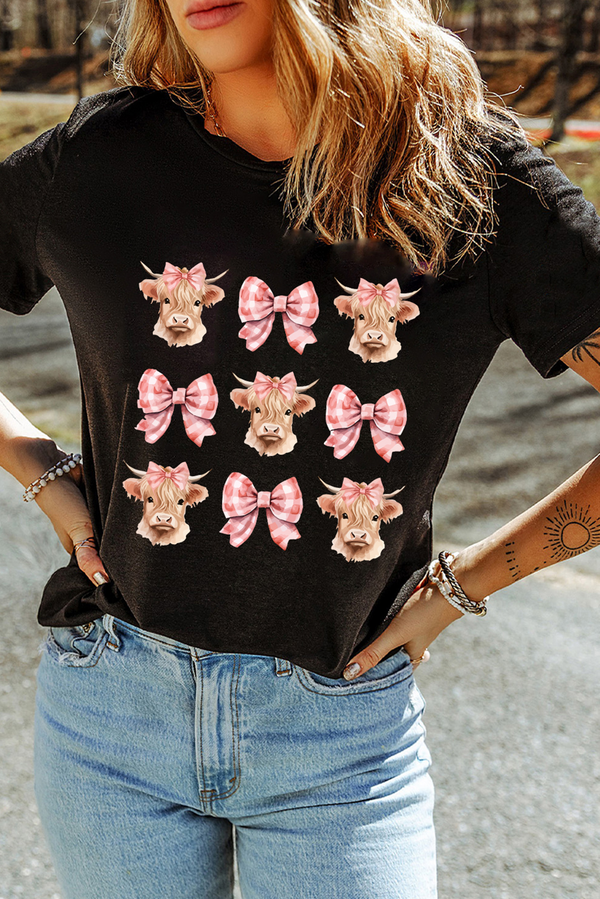 Black Cow with Bow Graphic Crewneck Western Tee