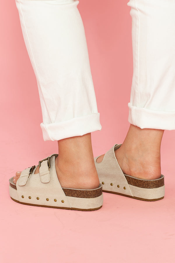 Beige Suede Buckle Decor Footbed Sandal Slippers