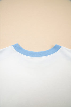 Sky Blue Color Block Exposed Seam Crew Neck T Shirt