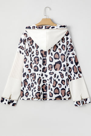Apricot Oversized Leopard Contrast Mixed Texture Patchwork Zip Up Drop Shoulder Hoodie