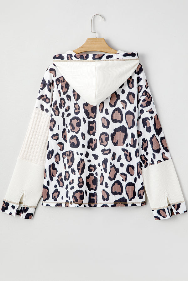 Apricot Oversized Leopard Contrast Mixed Texture Patchwork Zip Up Drop Shoulder Hoodie