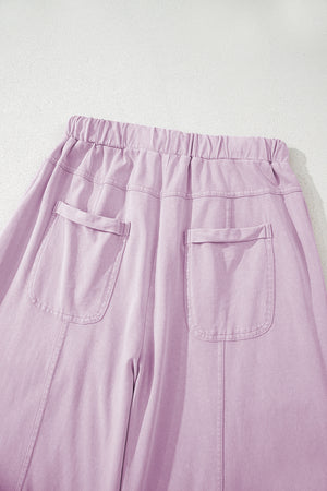Pink Mineral Wash Exposed Seam Drawstring Elastic Waistband Wide Leg Cargo Pants