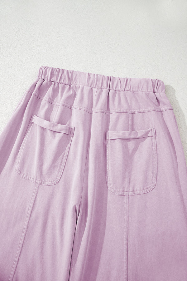 Pink Mineral Wash Exposed Seam Drawstring Elastic Waistband Wide Leg Cargo Pants