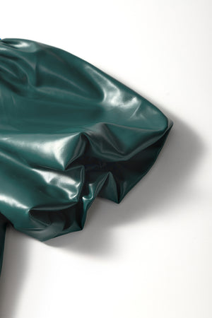 Sea Green  Notched V Neck Short Puff Sleeve PU Leather Blouse