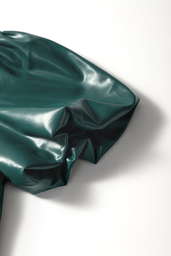 Sea Green  Notched V Neck Short Puff Sleeve PU Leather Blouse