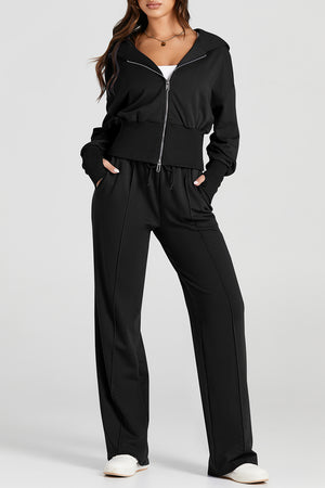 Black Double Zipper Hooded Jacket and Sweatpants Active Set