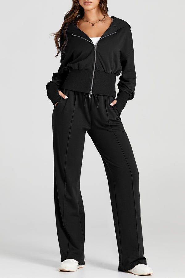 Black Double Zipper Hooded Jacket and Sweatpants Active Set