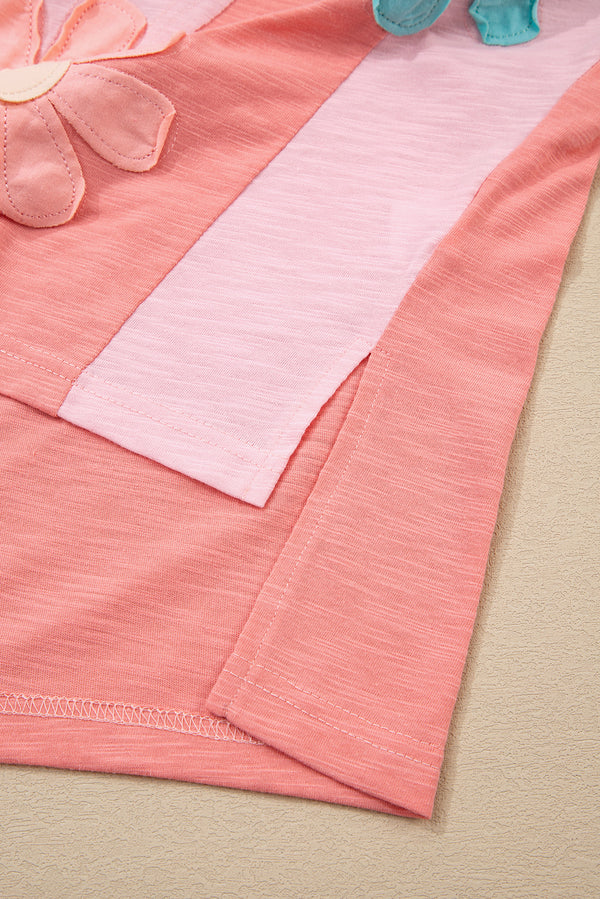 Pink Flower Patched Exposed Seam Bracelet Sleeve Oversized T Shirt