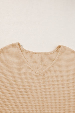 Oatmeal Textured Knit Button Back Cuffed Sleeve Tee