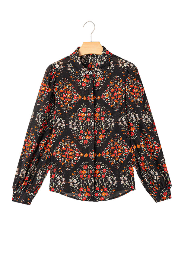 Black Strawberry Aesthetic Floral Puff Sleeve Shirt