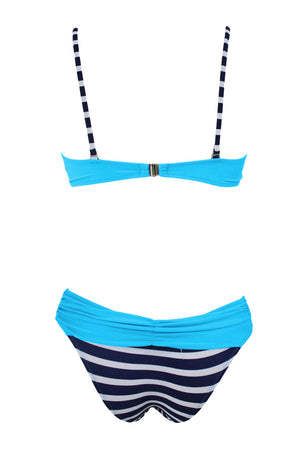 Striped Blue Padded Gather Push-up Bikini Set