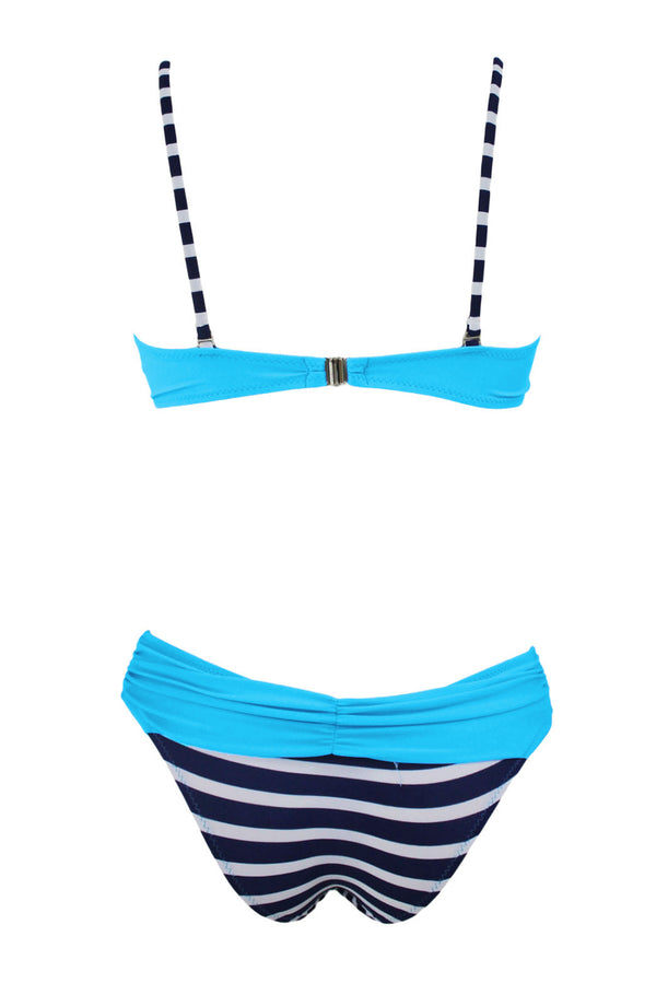Striped Blue Padded Gather Push-up Bikini Set