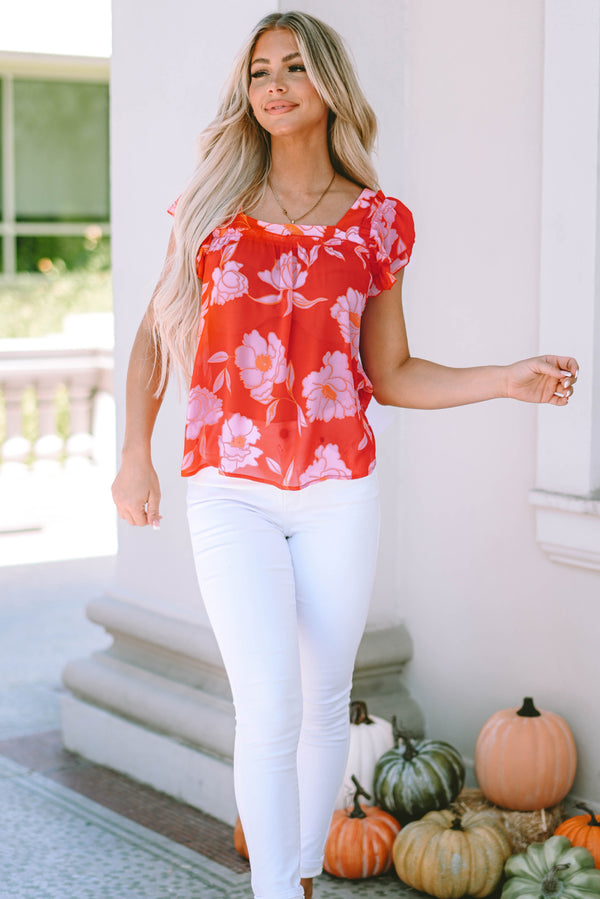 Fiery Red Floral Square Neck Ruffle Sleeve Blouse