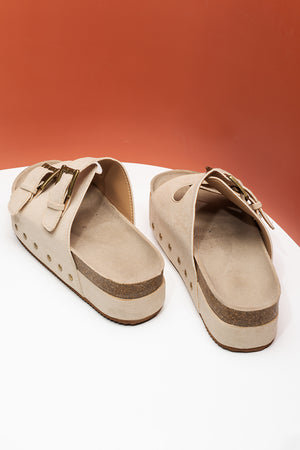 Beige Suede Buckle Decor Footbed Sandal Slippers