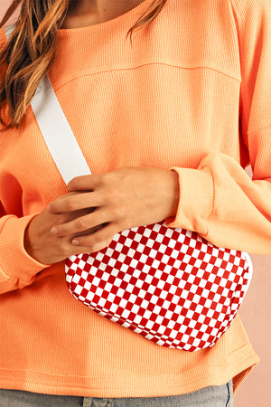 Fiery Red Checkered Print Zipped Buckle Strap Crossbody Bag