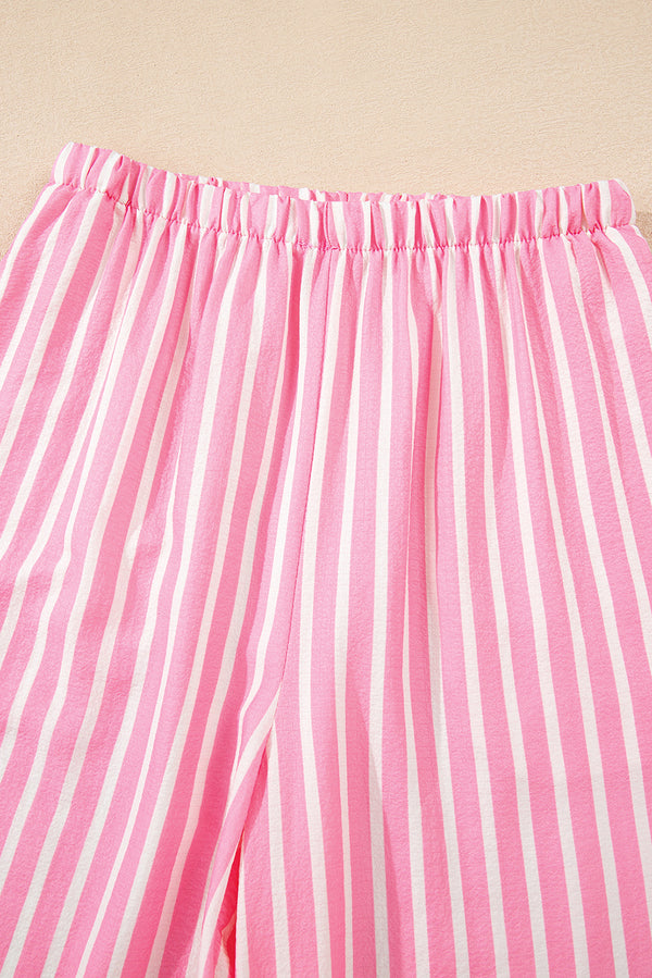 Pink Stripe Buttoned Front Long Sleeve Top and Pants 2 Piece Sleepwear