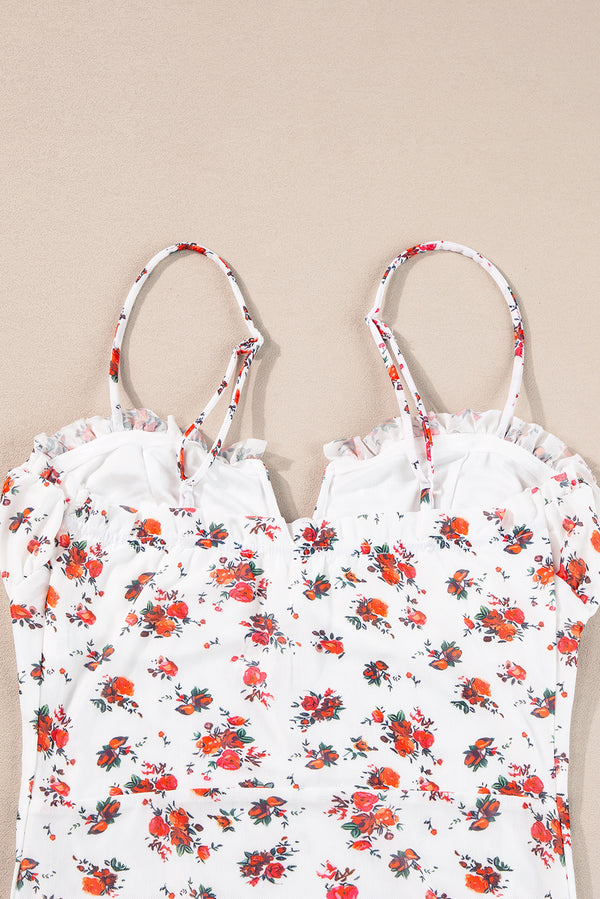 White Floral V Cut Frilled Trim Spaghetti Straps Bodysuit