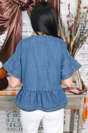 Dusk Blue Denim Ruffled Sleeve Lace up Front Peplum Top