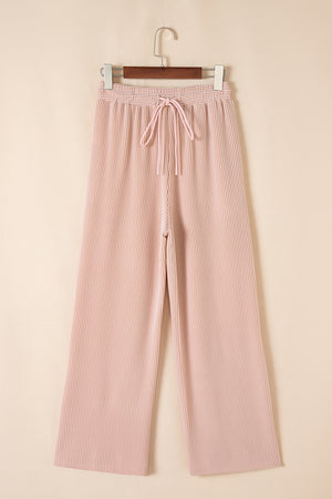 Smoke Gray Solid Corded Knit Short Sleeve T Shirt and Wide Leg Pants Set