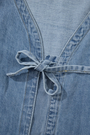Dusk Blue Tied Front Long Puff Sleeve Denim Top